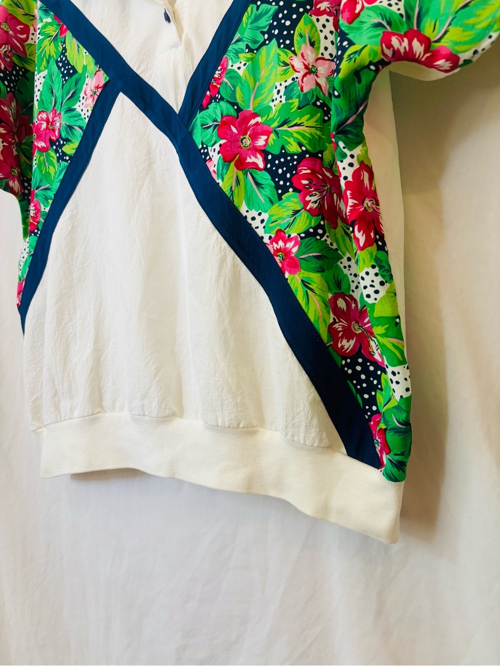 resort wear 80s 90s hibiscus print campus style polo top - Picture 4 of 6